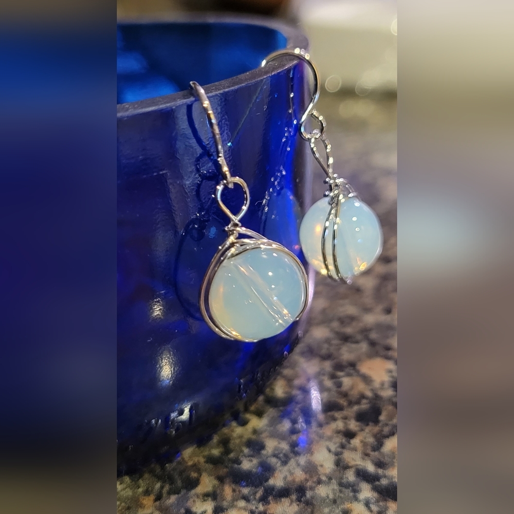 Vintage Silver Hook White Opal drop earrings NEW